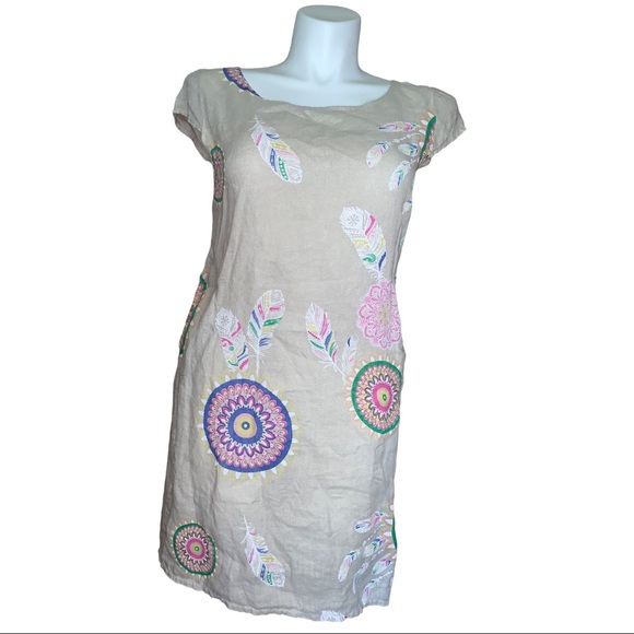 Made in Italy Linen Dress Tan Boho Print Cap Sleeve Pocket Tunic M/L - Picture 3 of 16